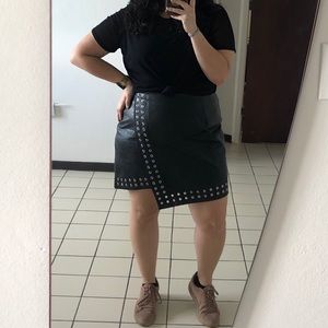 Faux leather asymmetrical studded mini skirt